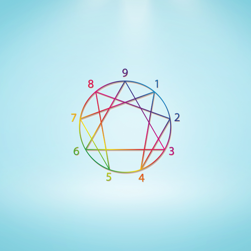 Multi-colored enneagram symbol on a light blue background